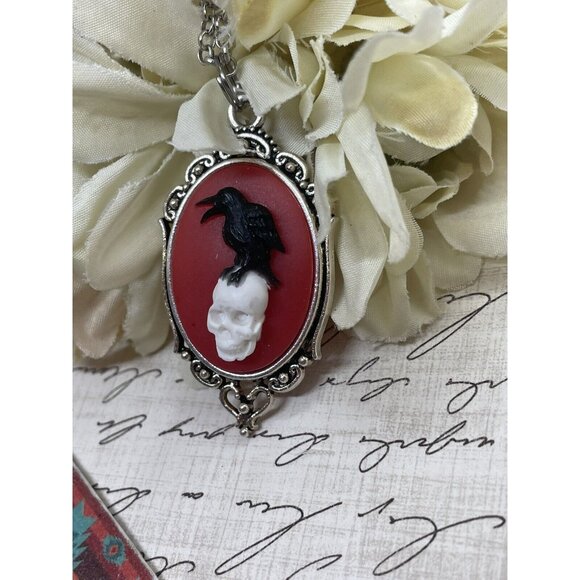 Silver Blk Red Gothic Crow Raven Rose Skull Wedding Party Jewelry necklace Cameo - Picture 7 of 13